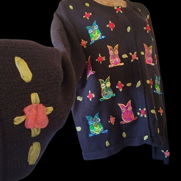 Vintage 90s Y2K Jack B Quick Sequined Beaded Novelty Owl Cardigan Sweater Top - Picture 3 of 16